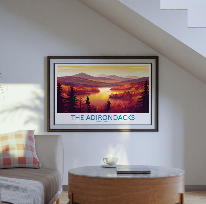 The Adirondacks USA Landscape Travel Poster Scenic Mountain Wilderness Wall Art Forest Lakes Print Nature Decor Adirondack Mountains Artwork