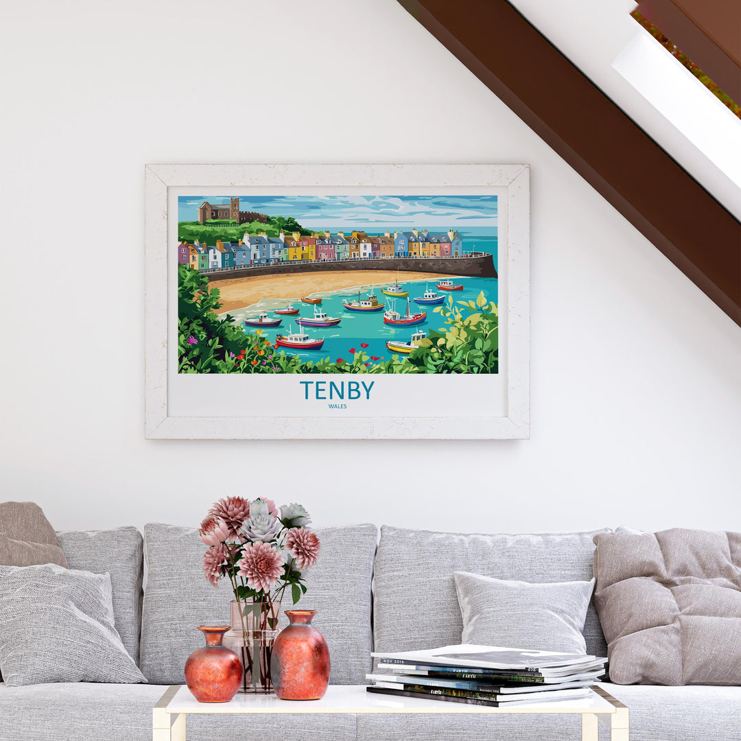 Tenby Wales Landscape Travel Poster Scenic Harbour Coastline Wall Art Colorful Seaside Print UK Decor Beautiful Tenby Artwork