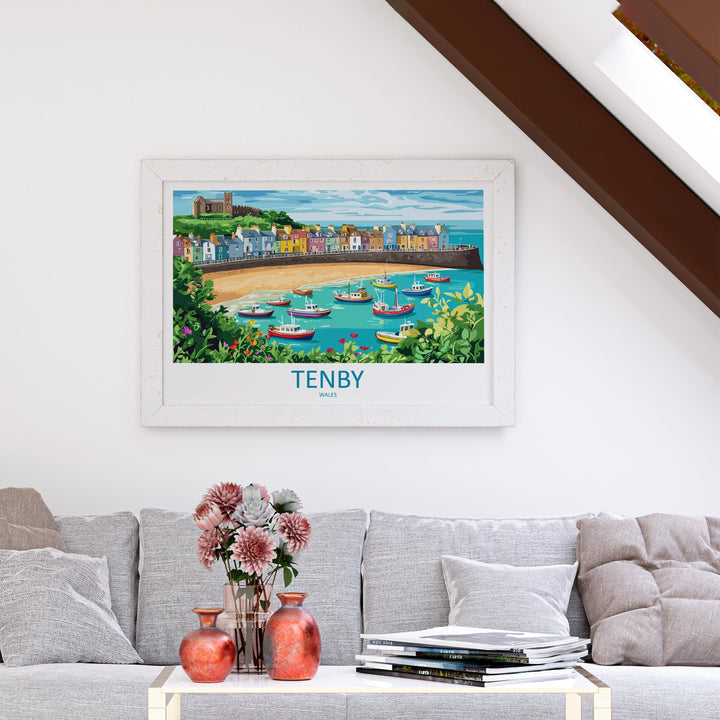 Tenby Wales Landscape Travel Poster Scenic Harbour Coastline Wall Art Colorful Seaside Print UK Decor Beautiful Tenby Artwork