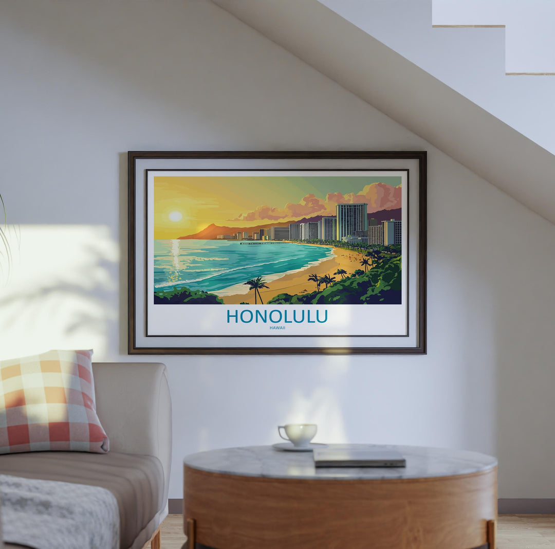 Honolulu Hawaii Landscape Travel Poster Scenic Tropical City Coastline Wall Art Diamond Head Print USA Decor Beautiful Honolulu Artwork