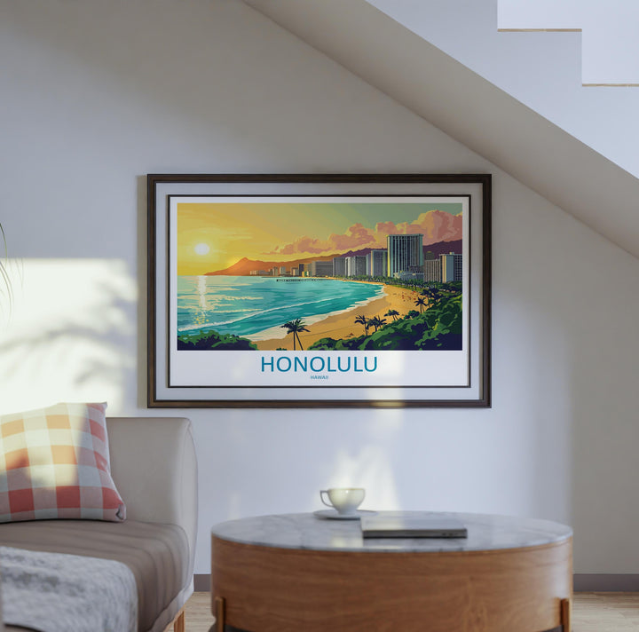 Honolulu Hawaii Landscape Travel Poster Scenic Tropical City Coastline Wall Art Diamond Head Print USA Decor Beautiful Honolulu Artwork