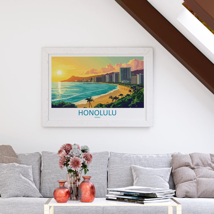 Honolulu Hawaii Landscape Travel Poster Scenic Tropical City Coastline Wall Art Diamond Head Print USA Decor Beautiful Honolulu Artwork
