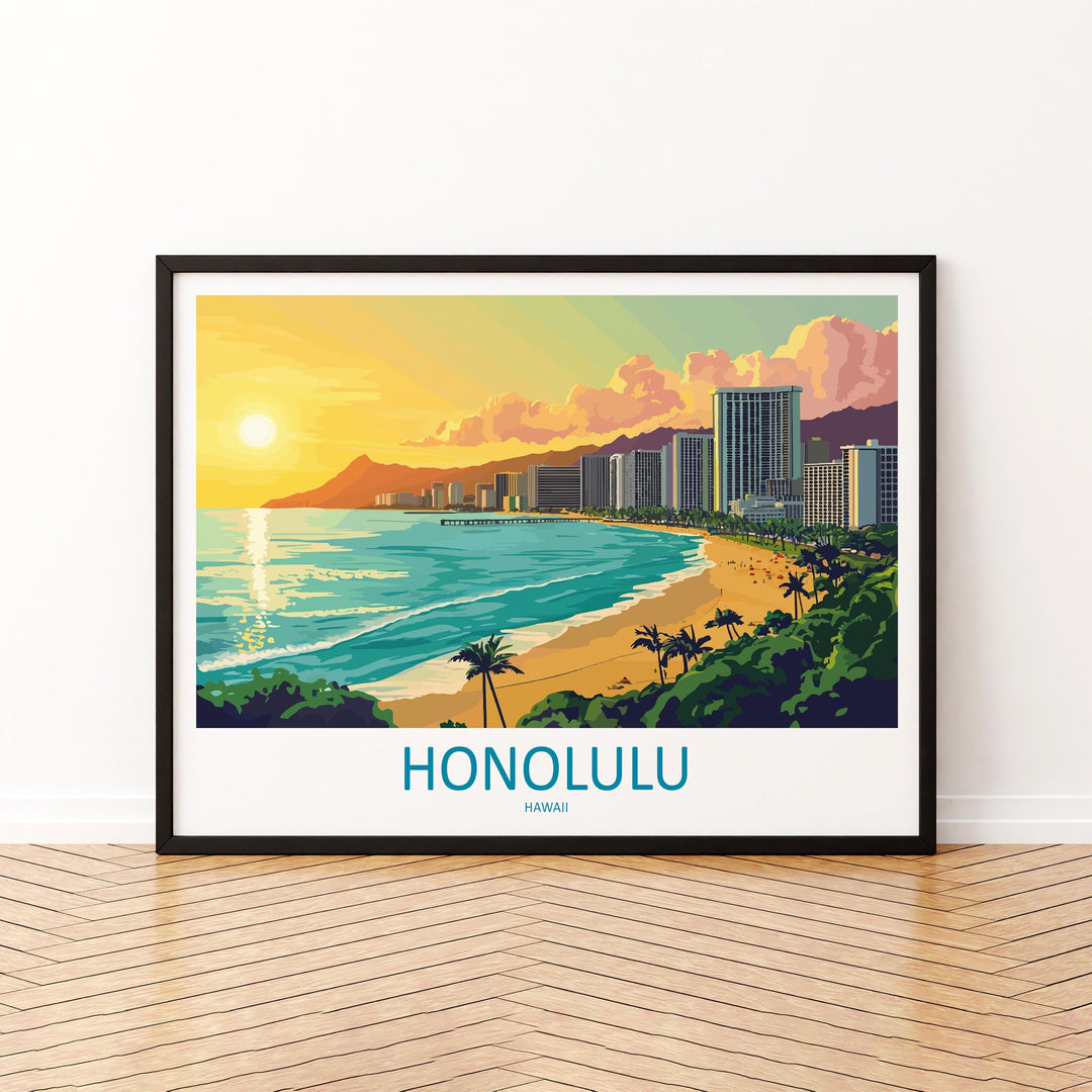 Honolulu Hawaii Landscape Travel Poster Scenic Tropical City Coastline Wall Art Diamond Head Print USA Decor Beautiful Honolulu Artwork