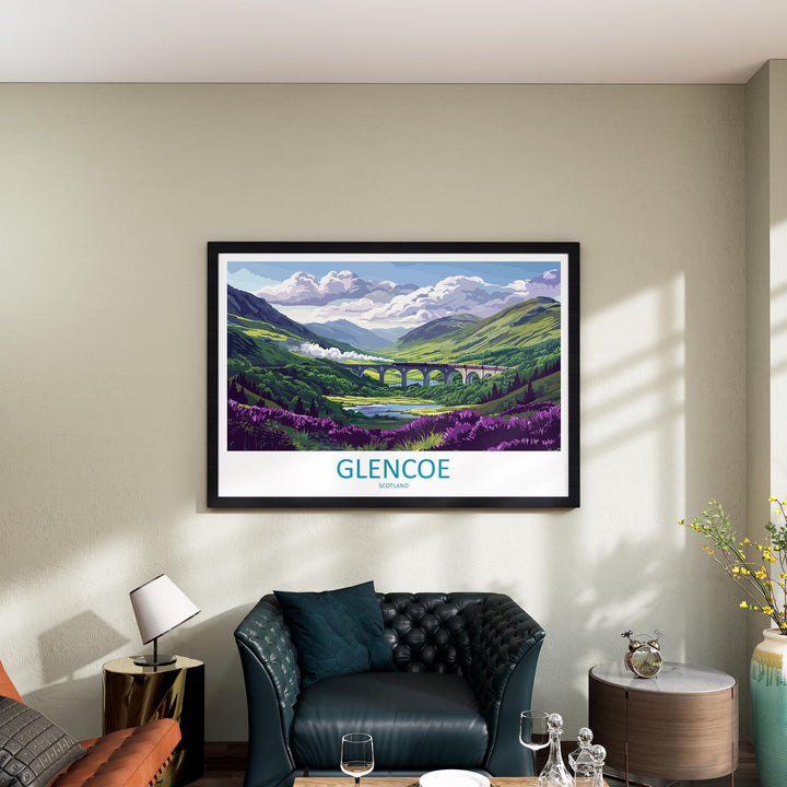Glencoe Scotland Landscape Travel Poster Scenic Highland Mountains Wall Art Rugged Valley Print UK Decor Beautiful Glencoe Artwork