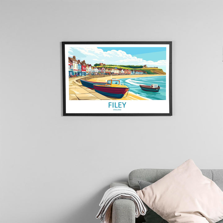 Filey England Landscape Travel Poster Scenic Yorkshire Coastline Wall Art Seaside Town Print UK Decor Beautiful Filey Artwork