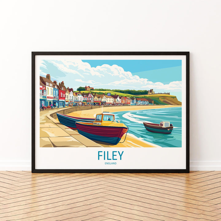 Filey England Landscape Travel Poster Scenic Yorkshire Coastline Wall Art Seaside Town Print UK Decor Beautiful Filey Artwork