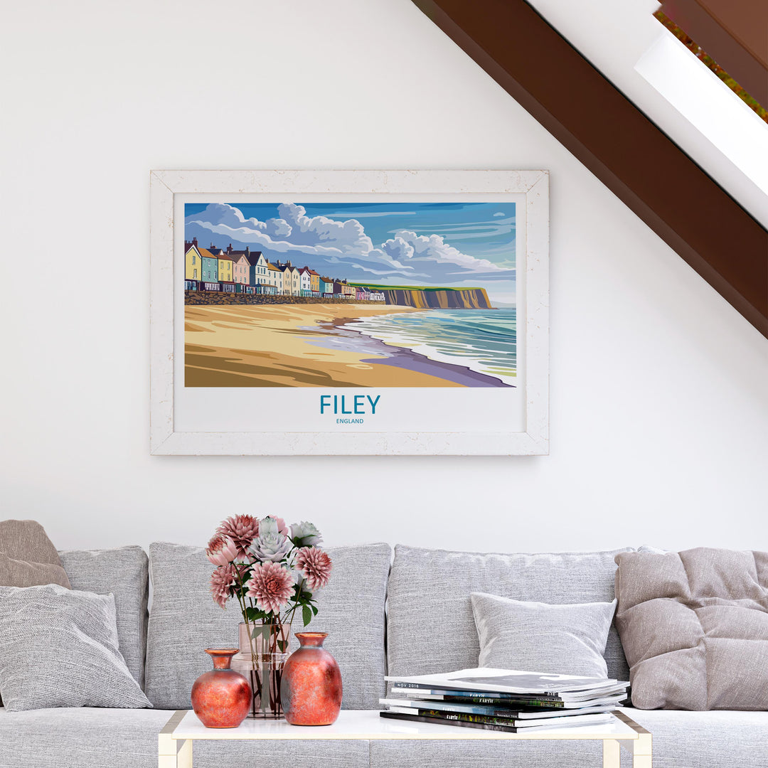 Filey England Landscape Travel Poster Scenic Yorkshire Coastline Wall Art Seaside Town Print UK Decor Beautiful Filey Artwork