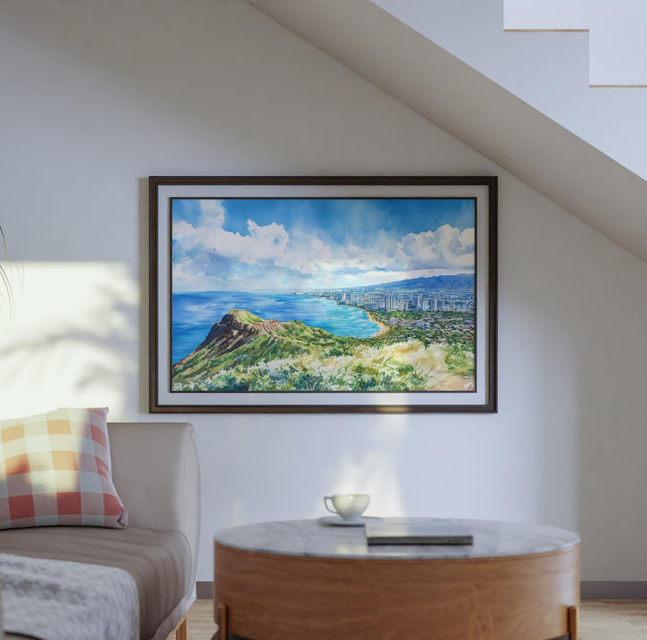 Diamond Head State Monument Hawaii Watercolor Poster Oahu Travel Print Coastal Landscape Painting Tropical Wall Art Souvenir