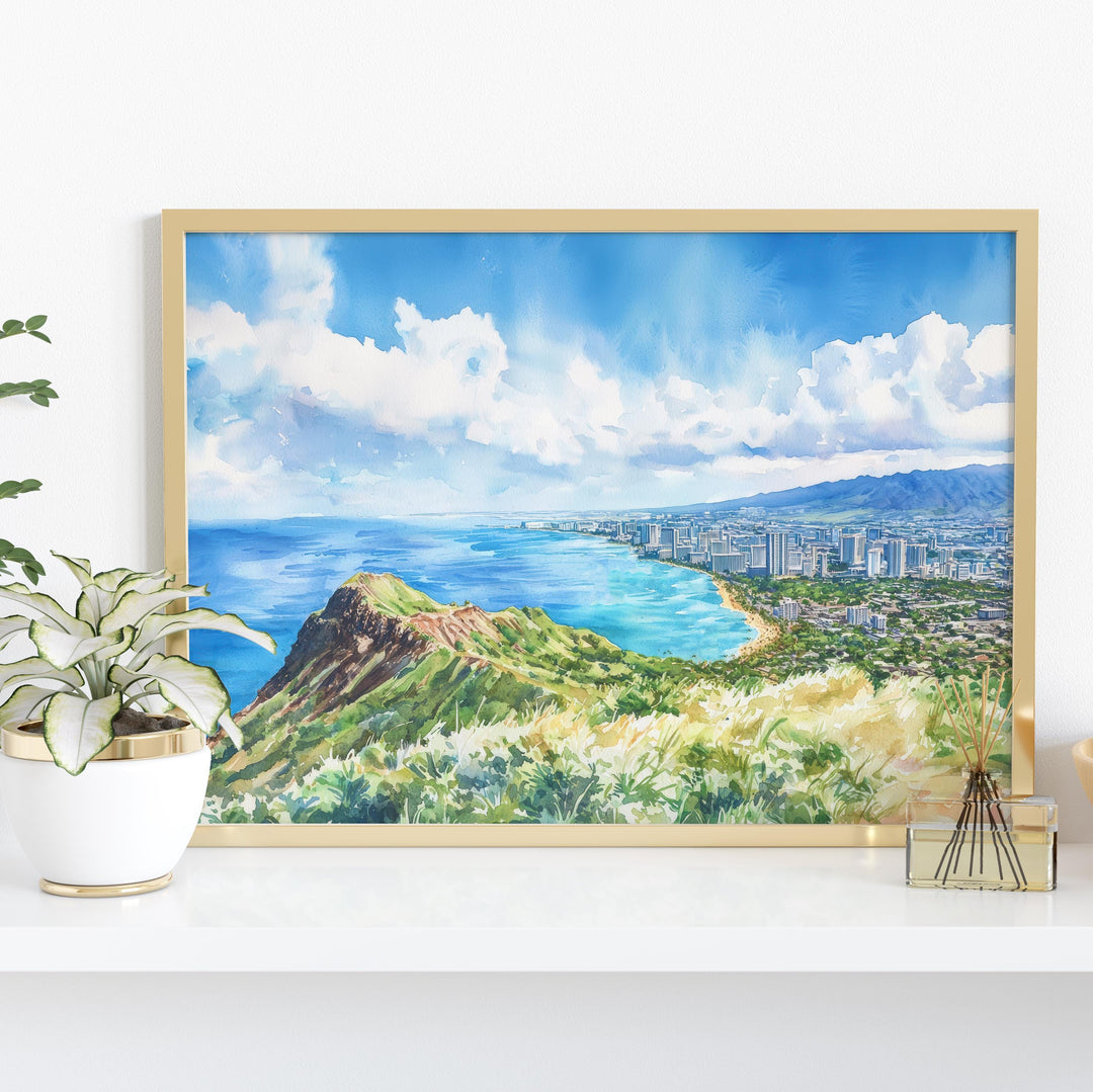 Diamond Head State Monument Hawaii Watercolor Poster Oahu Travel Print Coastal Landscape Painting Tropical Wall Art Souvenir