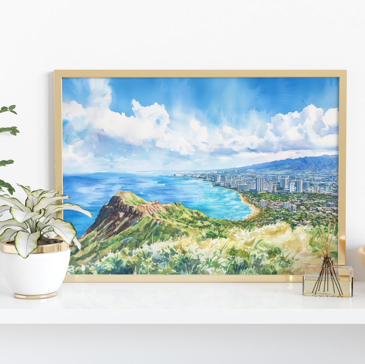 Diamond Head State Monument Hawaii Watercolor Poster Oahu Travel Print Coastal Landscape Painting Tropical Wall Art Souvenir