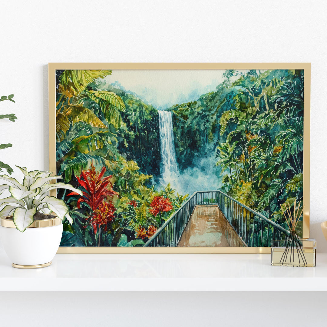 Akaka Falls State Park Hawaii Watercolor Poster Big Island Travel Print Waterfall Landscape Painting Tropical Wall Art Souvenir