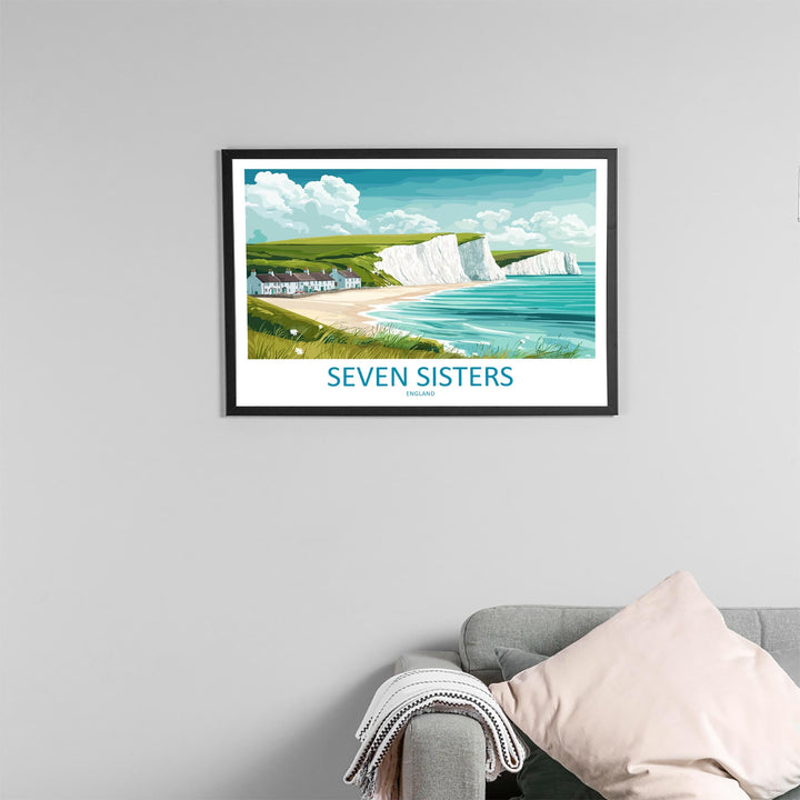 Seven Sisters England Landscape Travel Poster Scenic Chalk Cliffs Coastline Wall Art Sussex Seascape Print UK Decor Beautiful Seven Sisters