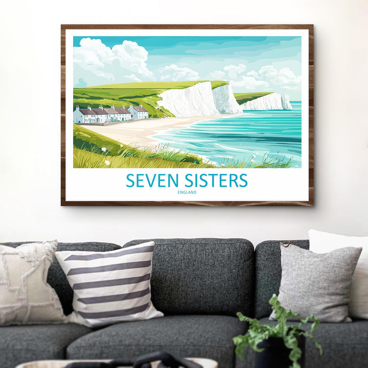 Seven Sisters England Landscape Travel Poster Scenic Chalk Cliffs Coastline Wall Art Sussex Seascape Print UK Decor Beautiful Seven Sisters