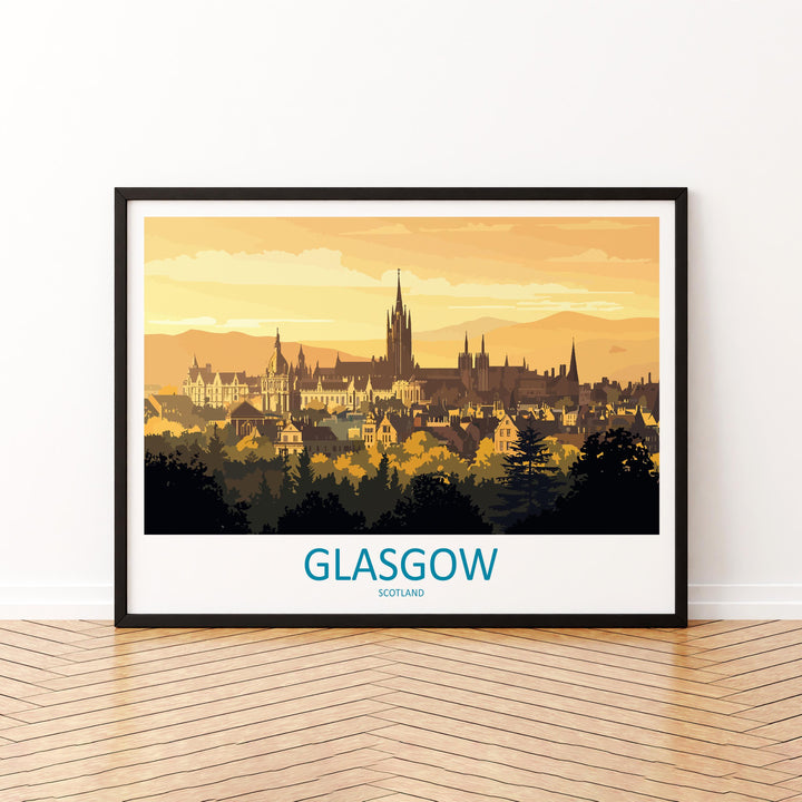 Glasgow Scotland Landscape Travel Poster Scenic City Wall Art UK Architecture Print European Decor Modern Glasgow Cityscape Artwork