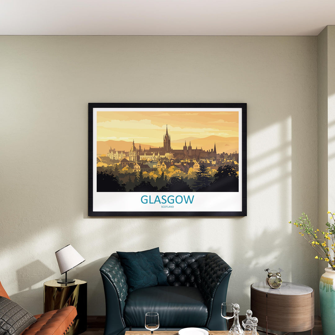 Glasgow Scotland Landscape Travel Poster Scenic City Wall Art UK Architecture Print European Decor Modern Glasgow Cityscape Artwork