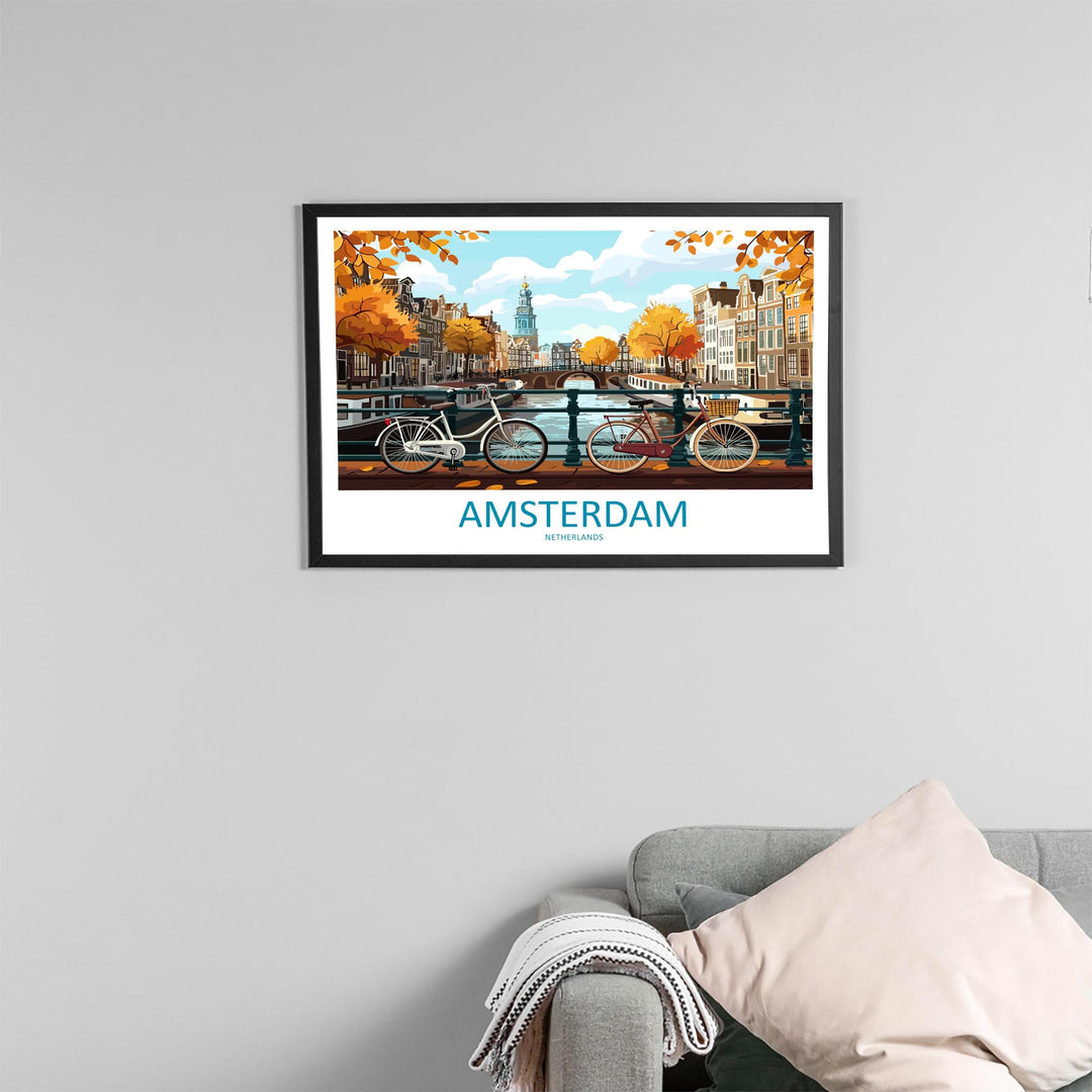 Amsterdam Netherlands Landscape Travel Poster Scenic Canal City Wall Art Dutch Architecture Print Europe Decor Romantic Amsterdam Artwork
