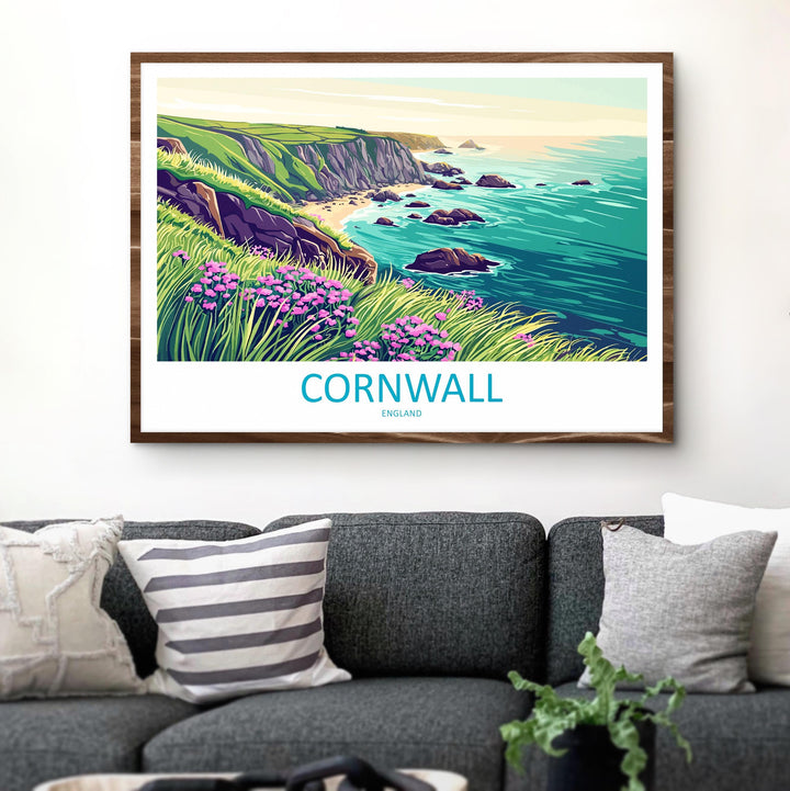 Cornwall England Landscape Travel Poster Scenic Coastline Wall Art UK Seaside Print British Beach Decor Coastal Cornwall Artwork