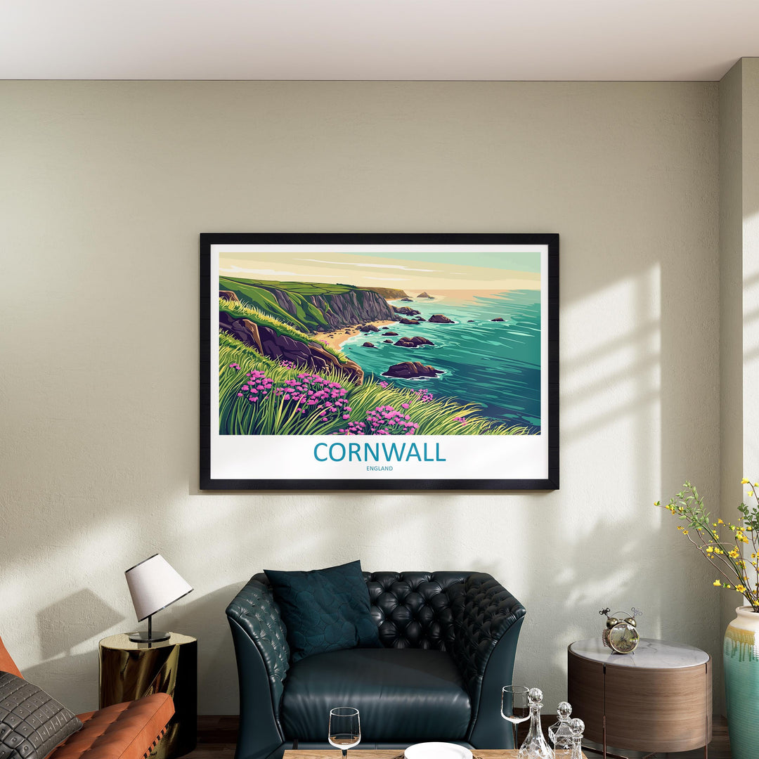 Cornwall England Landscape Travel Poster Scenic Coastline Wall Art UK Seaside Print British Beach Decor Coastal Cornwall Artwork