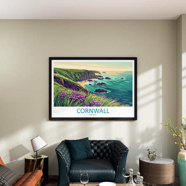 Cornwall England Landscape Travel Poster Scenic Coastline Wall Art UK Seaside Print British Beach Decor Coastal Cornwall Artwork