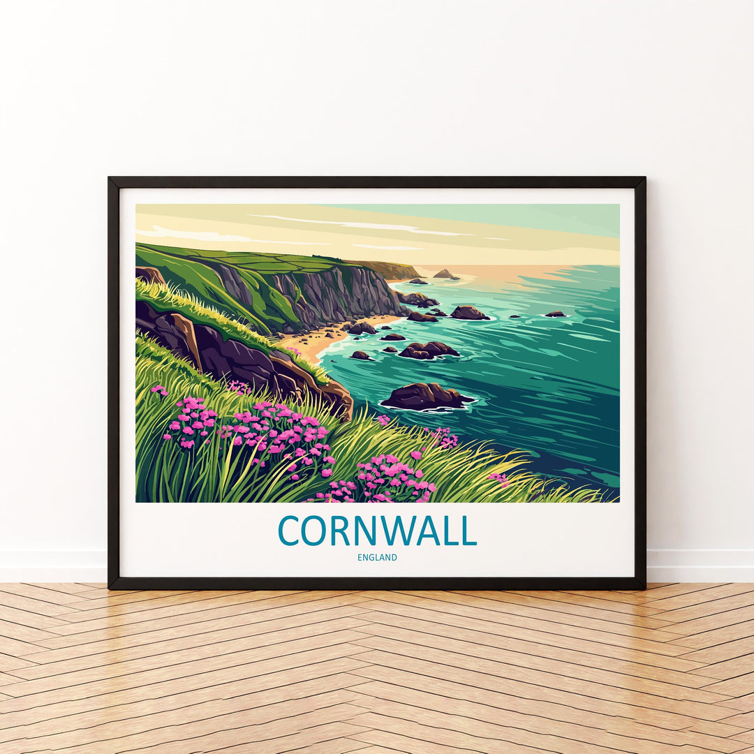 Cornwall England Landscape Travel Poster Scenic Coastline Wall Art UK Seaside Print British Beach Decor Coastal Cornwall Artwork