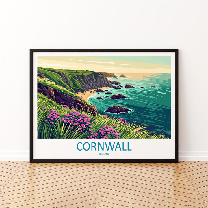 Cornwall England Landscape Travel Poster Scenic Coastline Wall Art UK Seaside Print British Beach Decor Coastal Cornwall Artwork