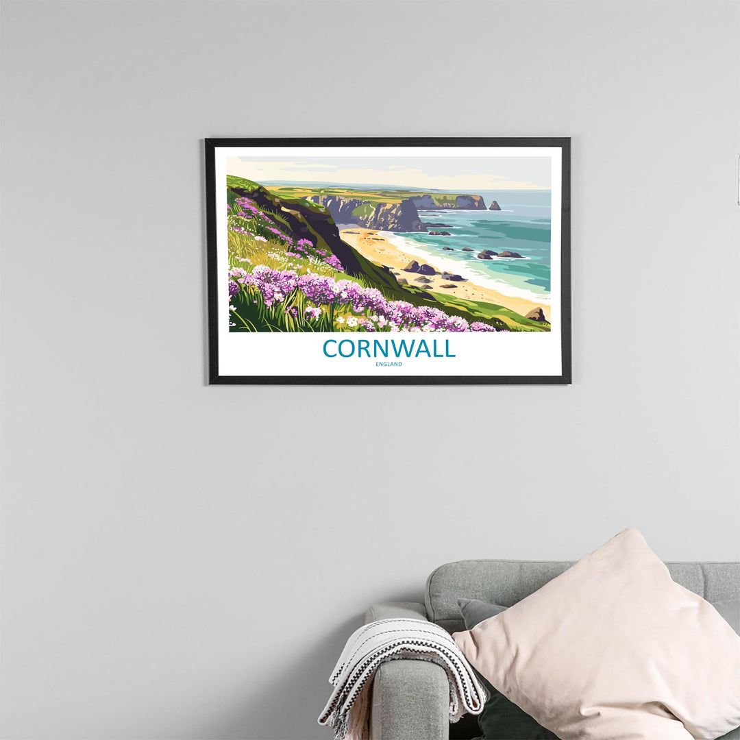 Cornwall England Landscape Travel Poster Scenic Coastline Wall Art UK Seaside Print British Beach Decor Coastal Cornwall Artwork