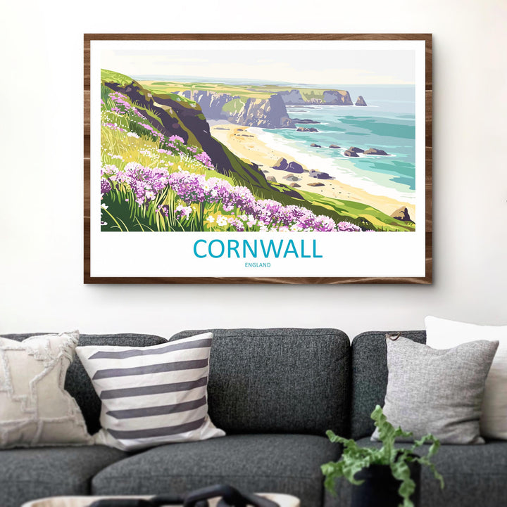 Cornwall England Landscape Travel Poster Scenic Coastline Wall Art UK Seaside Print British Beach Decor Coastal Cornwall Artwork