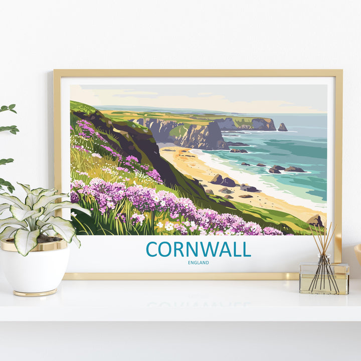 Cornwall England Landscape Travel Poster Scenic Coastline Wall Art UK Seaside Print British Beach Decor Coastal Cornwall Artwork