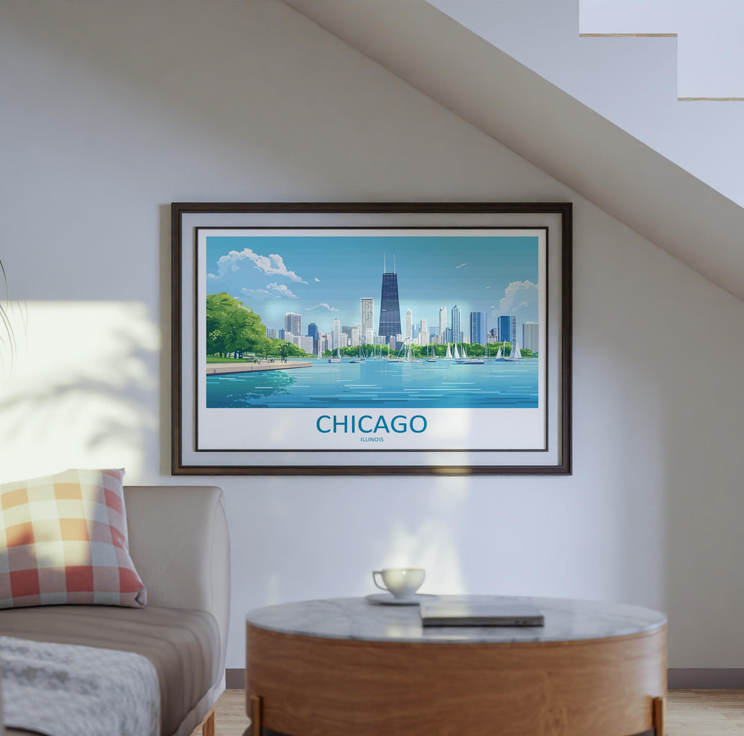 Chicago Illinois Landscape Travel Poster Scenic City Skyline Wall Art Modern Architecture Print USA Decor Chicago Urban Artwork