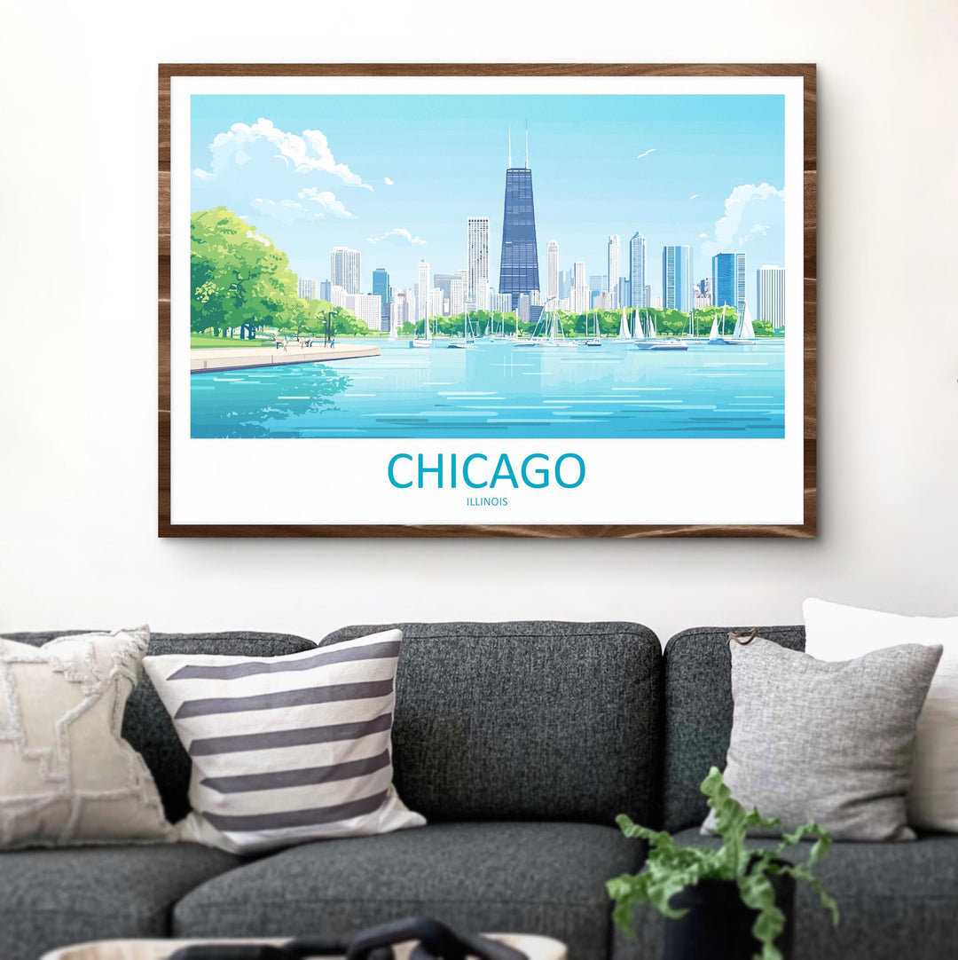 Chicago Illinois Landscape Travel Poster Scenic City Skyline Wall Art Modern Architecture Print USA Decor Chicago Urban Artwork