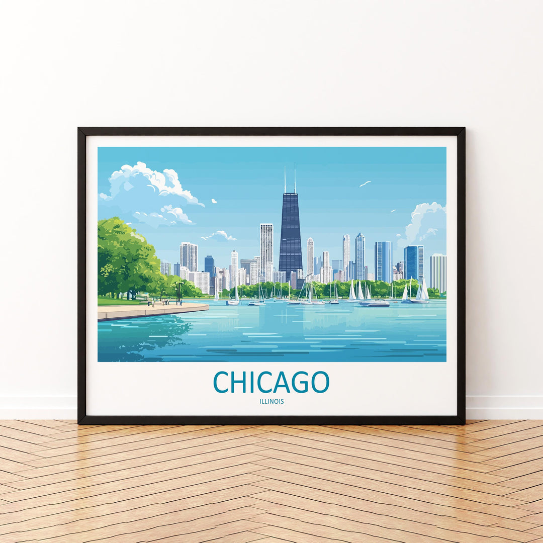 Chicago Illinois Landscape Travel Poster Scenic City Skyline Wall Art Modern Architecture Print USA Decor Chicago Urban Artwork