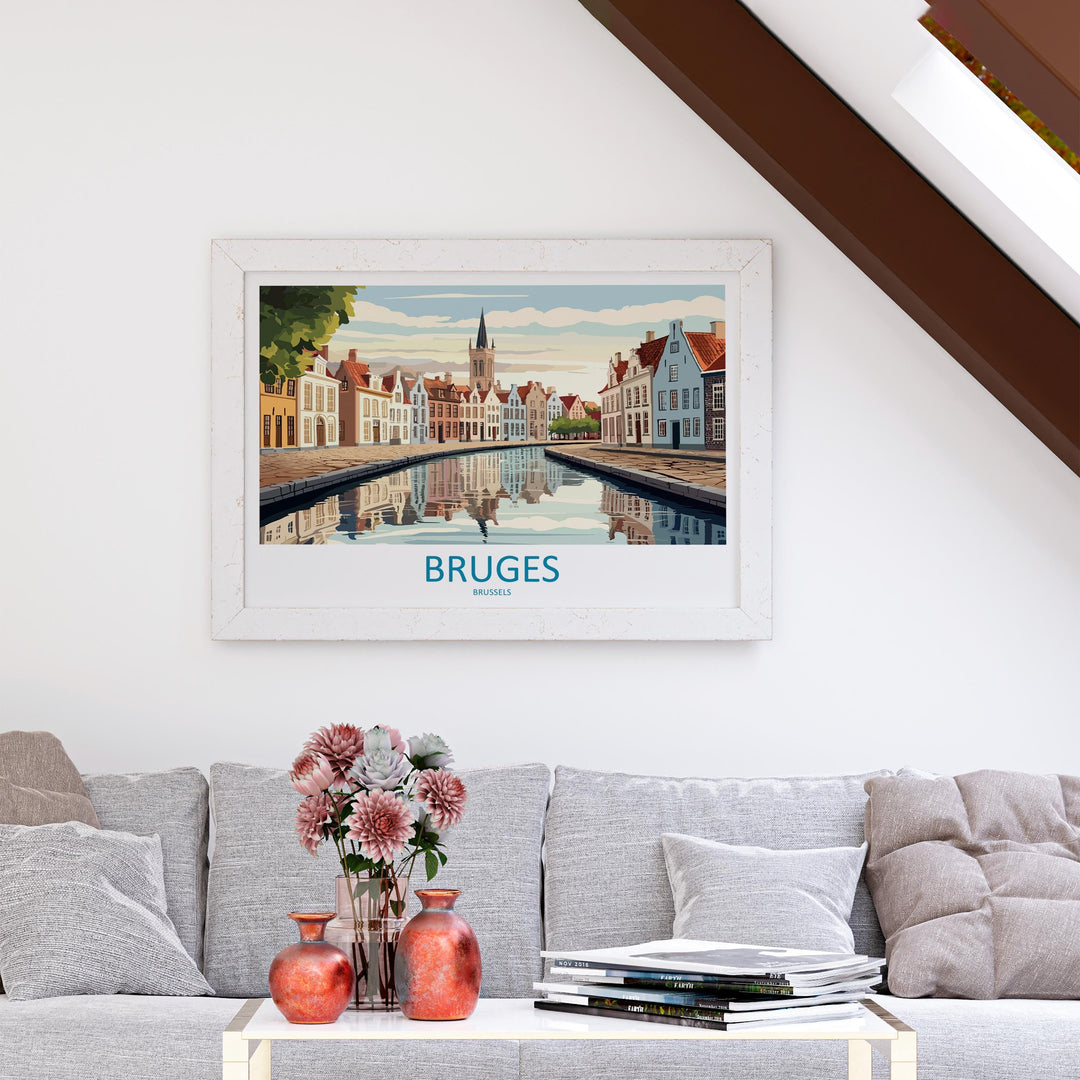 Bruges Belgium Landscape Travel Poster Scenic Canal City Wall Art Medieval Architecture Print Europe Decor Romantic Bruges Artwork