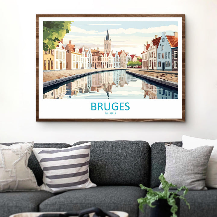 Bruges Belgium Landscape Travel Poster Scenic Canal City Wall Art Medieval Architecture Print Europe Decor Romantic Bruges Artwork