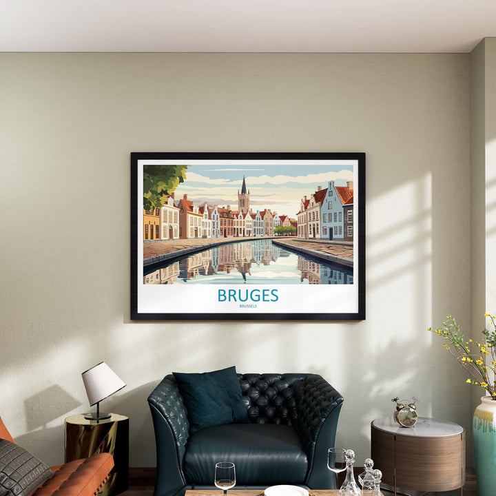Bruges Belgium Landscape Travel Poster Scenic Canal City Wall Art Medieval Architecture Print Europe Decor Romantic Bruges Artwork