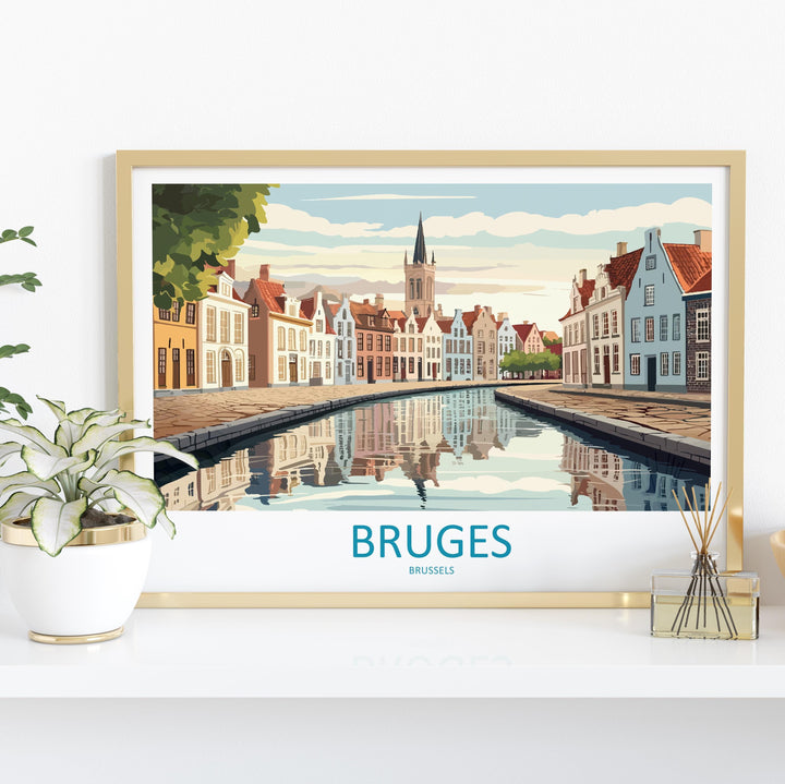 Bruges Belgium Landscape Travel Poster Scenic Canal City Wall Art Medieval Architecture Print Europe Decor Romantic Bruges Artwork