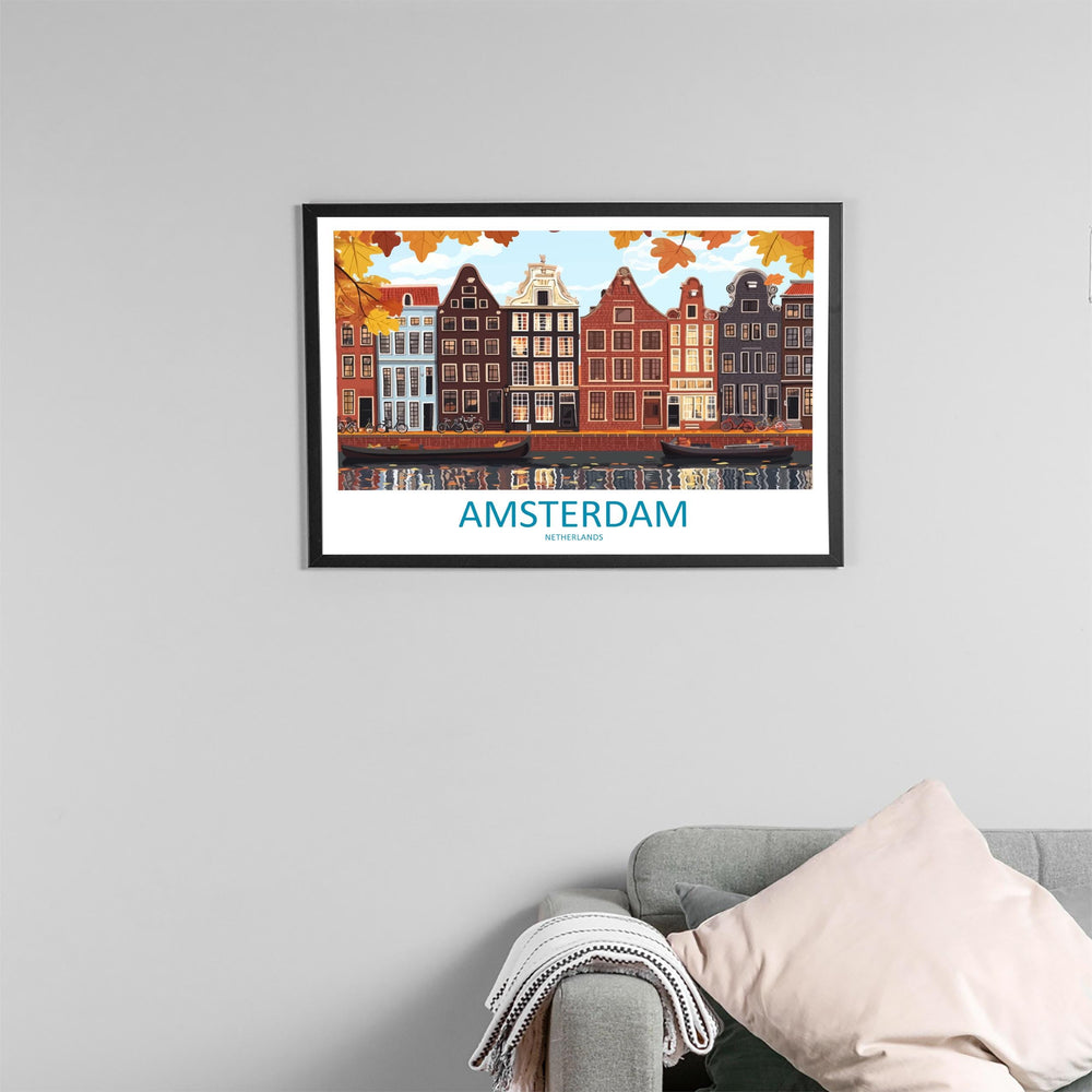 Amsterdam Netherlands Landscape Travel Poster Scenic Canal City Wall Art Dutch Architecture Print Europe Decor Charming Amsterdam Artwork