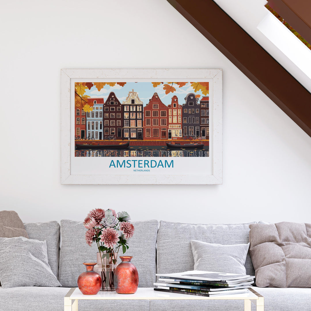 Amsterdam Netherlands Landscape Travel Poster Scenic Canal City Wall Art Dutch Architecture Print Europe Decor Charming Amsterdam Artwork