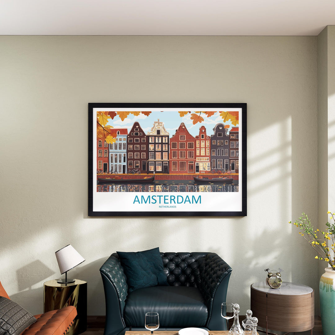 Amsterdam Netherlands Landscape Travel Poster Scenic Canal City Wall Art Dutch Architecture Print Europe Decor Charming Amsterdam Artwork
