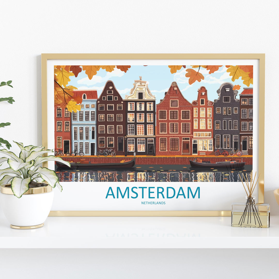 Amsterdam Netherlands Landscape Travel Poster Scenic Canal City Wall Art Dutch Architecture Print Europe Decor Charming Amsterdam Artwork