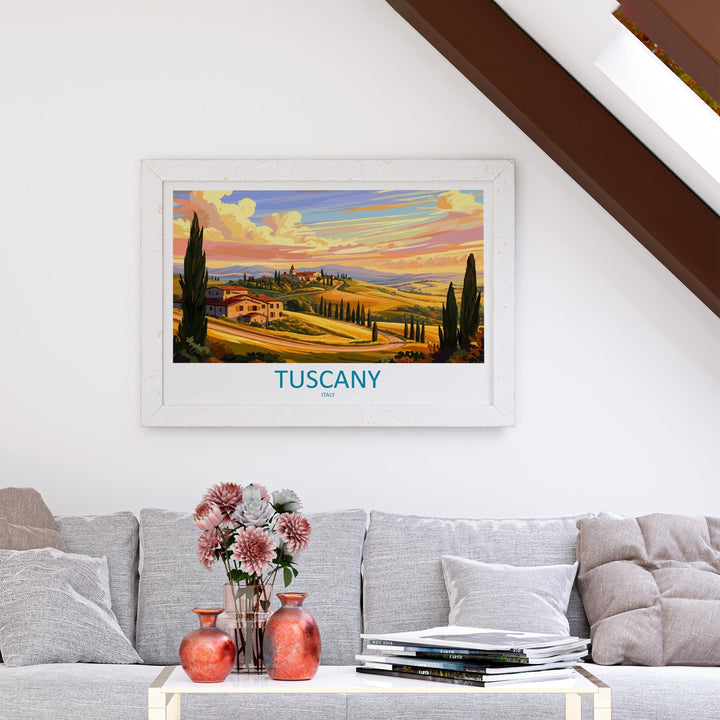 Tuscany Italy Landscape Travel Poster Scenic Countryside Wall Art Rolling Hills Architecture Print Europe Decor Tuscan Vineyard Artwork