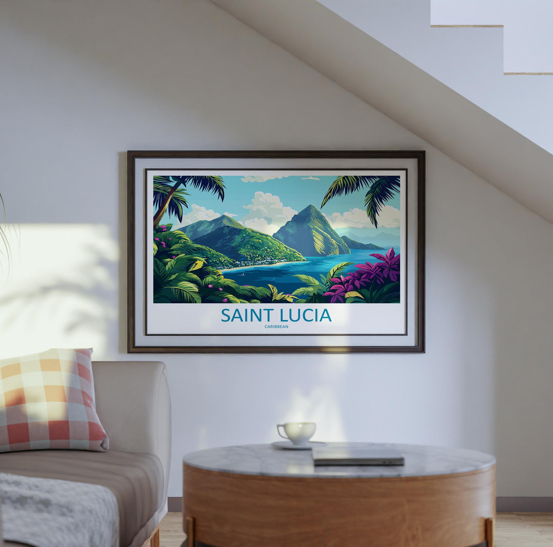 Saint Lucia Landscape Travel Poster Scenic Island Coast Wall Art Tropical Caribbean Print Pitons Mountains Decor Saint Lucia Artwork