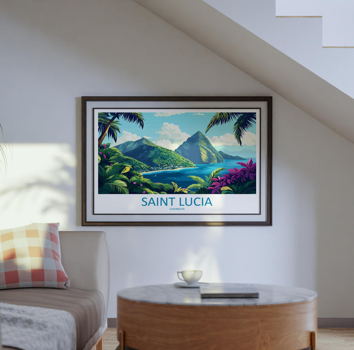 Saint Lucia Landscape Travel Poster Scenic Island Coast Wall Art Tropical Caribbean Print Pitons Mountains Decor Saint Lucia Artwork