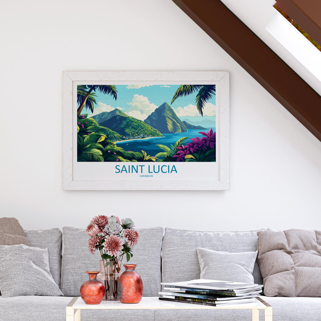 Saint Lucia Landscape Travel Poster Scenic Island Coast Wall Art Tropical Caribbean Print Pitons Mountains Decor Saint Lucia Artwork