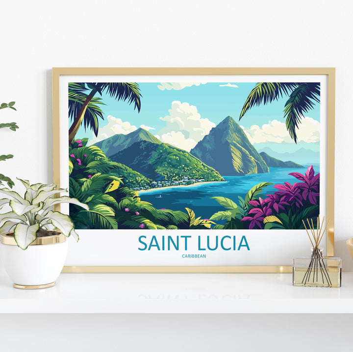 Saint Lucia Landscape Travel Poster Scenic Island Coast Wall Art Tropical Caribbean Print Pitons Mountains Decor Saint Lucia Artwork