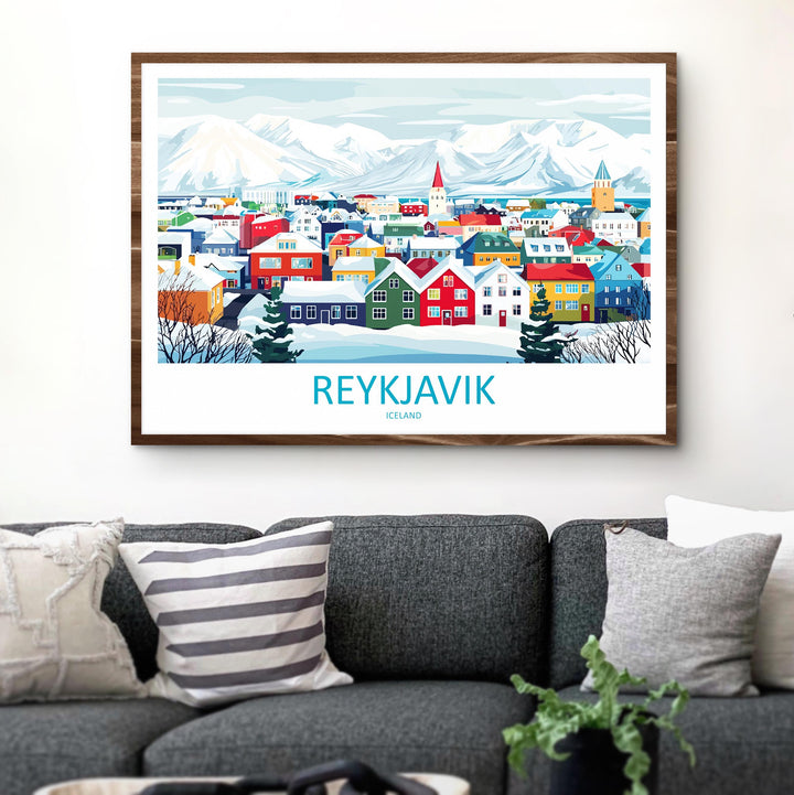 Reykjavik Iceland Landscape Travel Poster Scenic City Coast Wall Art Nordic Architecture Print Europe Decor Colorful Reykjavik Artwork