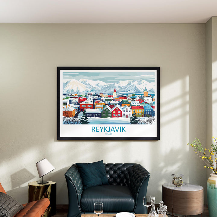 Reykjavik Iceland Landscape Travel Poster Scenic City Coast Wall Art Nordic Architecture Print Europe Decor Colorful Reykjavik Artwork