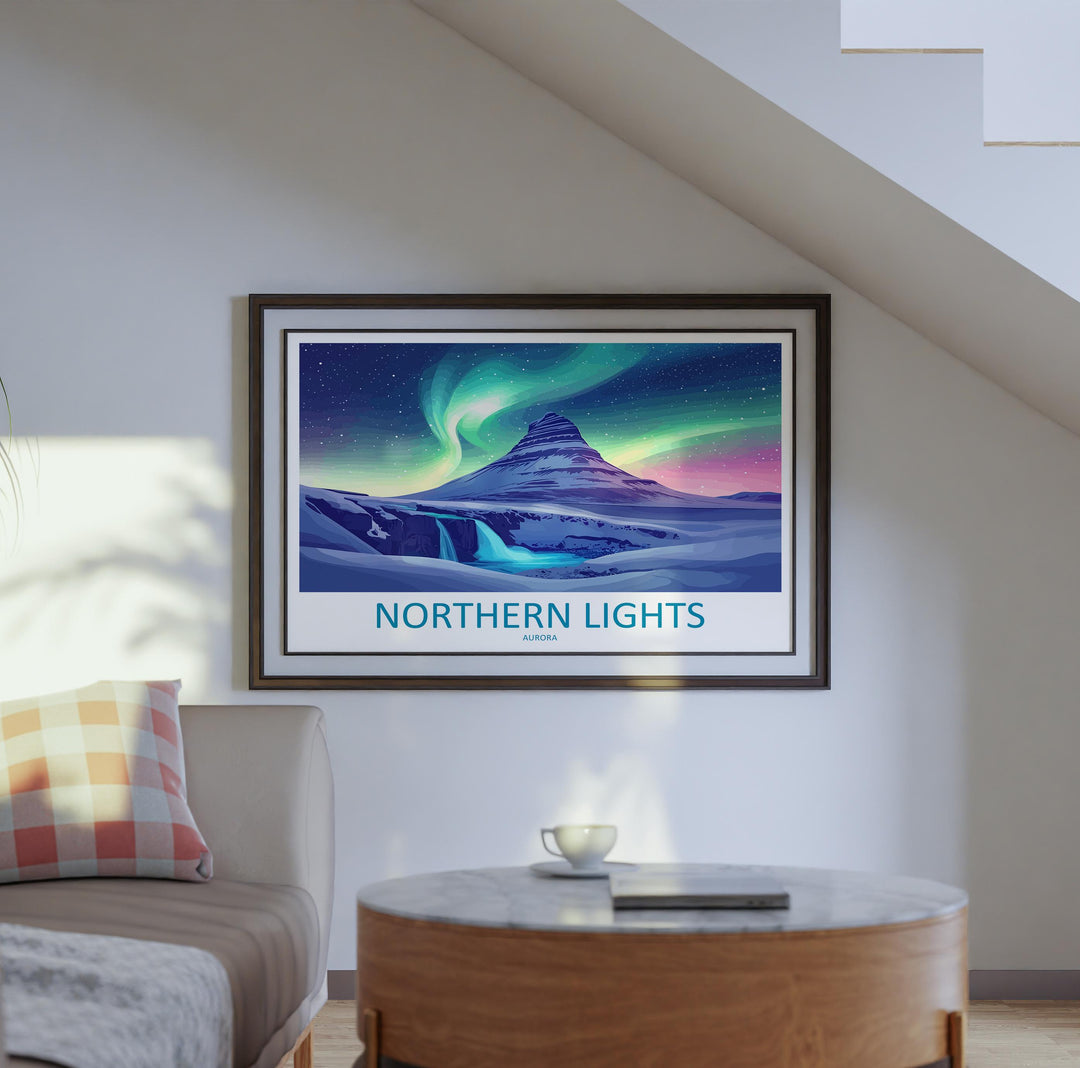 Northern Lights Landscape Travel Poster Scenic Aurora Borealis Sky Wall Art Arctic Night Print Nature Decor Vibrant Northern Lights Artwork