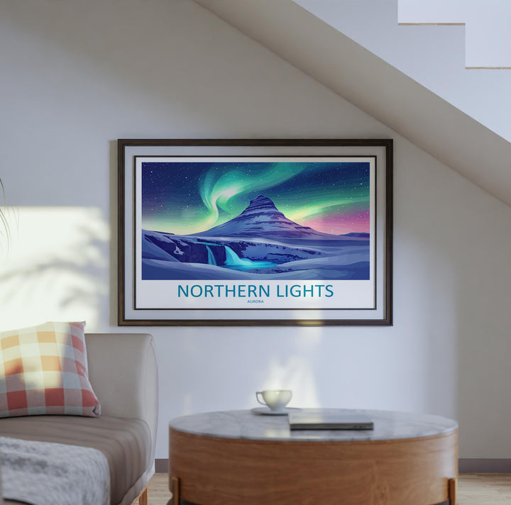 Northern Lights Landscape Travel Poster Scenic Aurora Borealis Sky Wall Art Arctic Night Print Nature Decor Vibrant Northern Lights Artwork