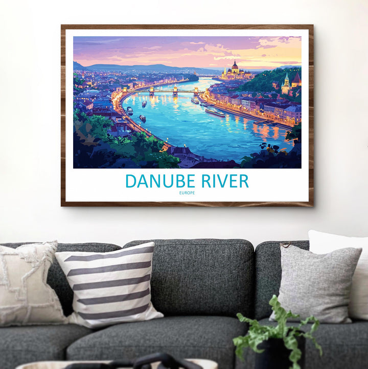 Danube River Landscape Travel Poster Scenic European Waterway Wall Art Iconic River Cities Print Europe Decor Danube River Artwork