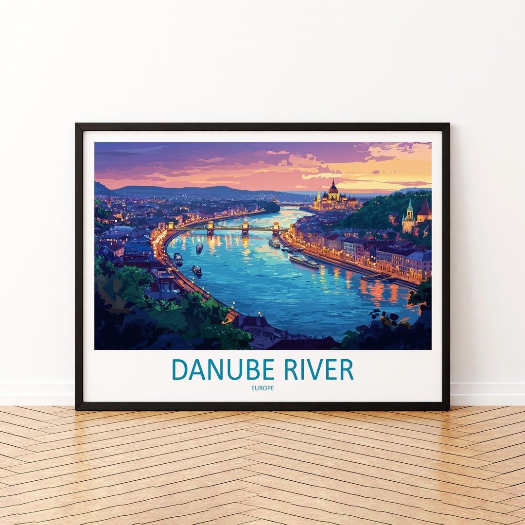 Danube River Landscape Travel Poster Scenic European Waterway Wall Art Iconic River Cities Print Europe Decor Danube River Artwork